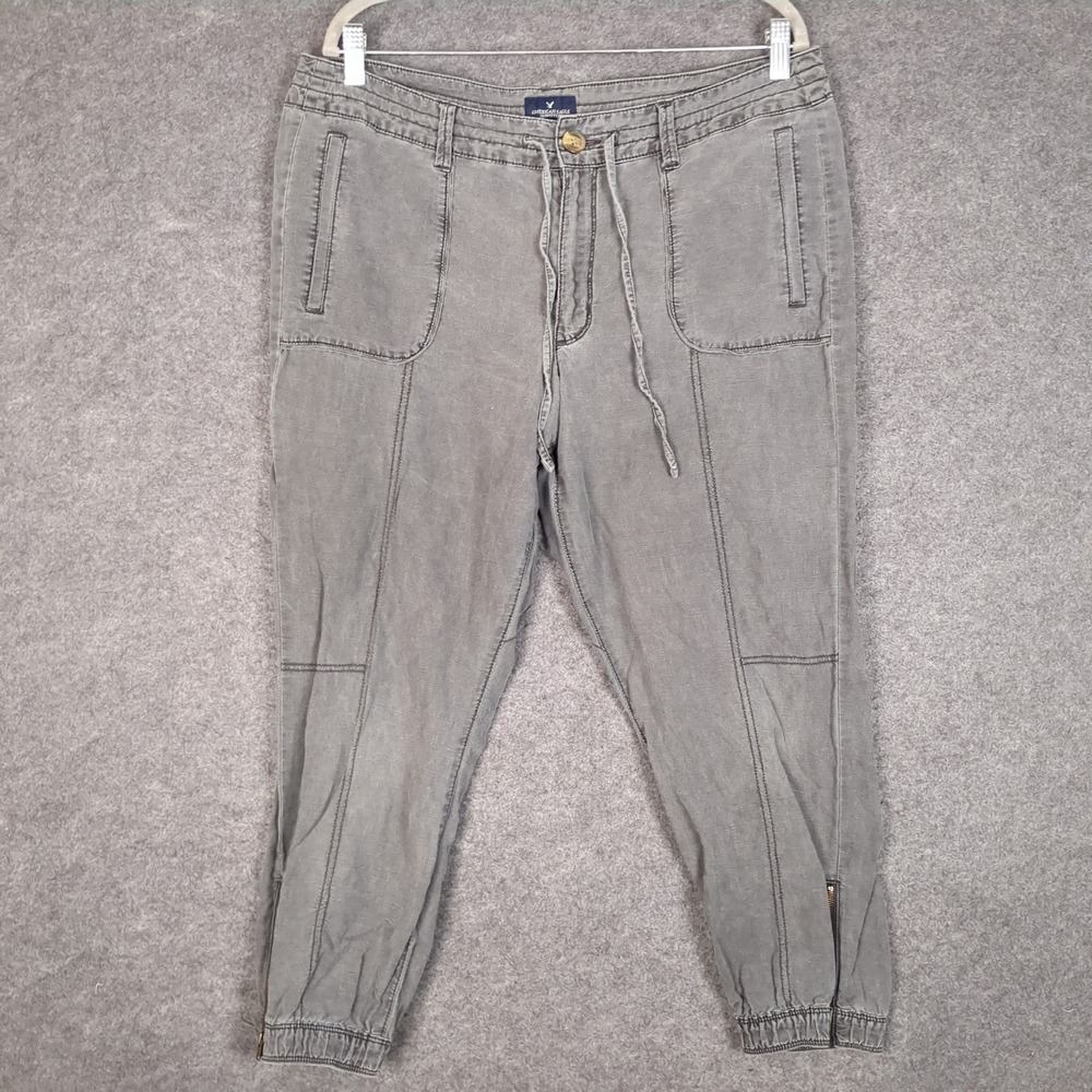 American Eagle Gray Linen Blend Jogger Pants Womens 12 Short Utility Zip Cuff - Picture 2 of 15